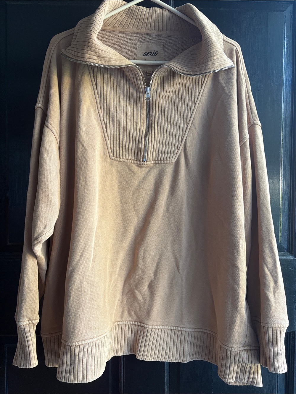aerie Tan Half-Zip Ribbed Pullover Turtleneck Sweater